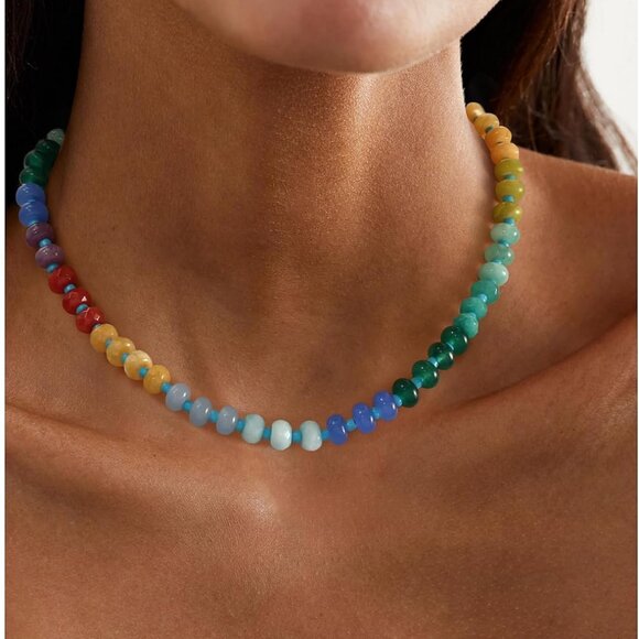 Colorful Gemstone Beaded Necklace Stainless Steel Handmade Rainbow Jewelry - Picture 2 of 7